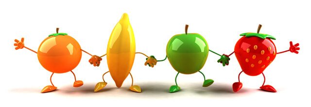 3-D fruit characters hold hands