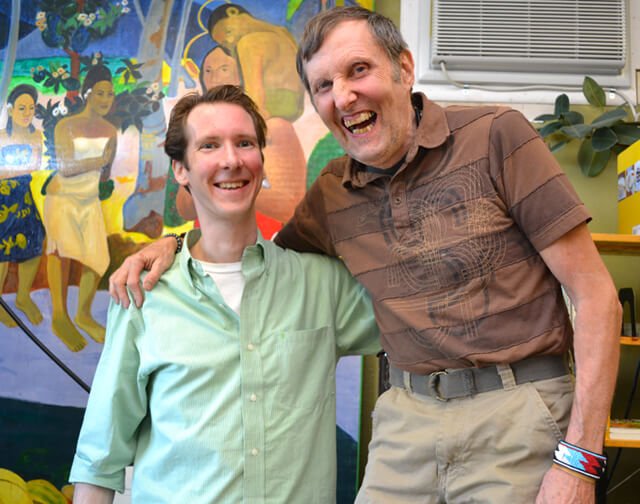 Arnold Kauffman and Brian Rossiter joke around before the April 20, 2013, potluck at Arnold's Way