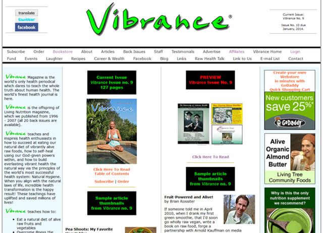 A screenshot of the Vibrance magazine website in February 2014