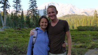 Paul and Yulia Tarbath pose at Mount Shasta in California