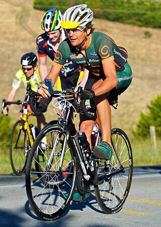 Harley Johnstone riding on a bicycle