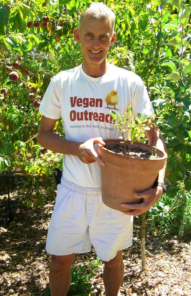 Don Weaver holds a plant in a garden