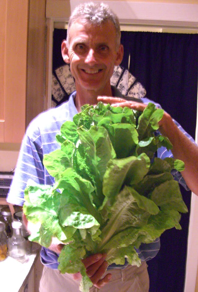 Don Weaver holds large homegrown lettuce leaves in his kitchen