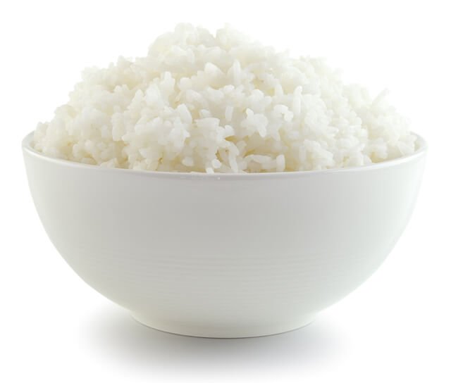 A bowl of white rice againast a white background