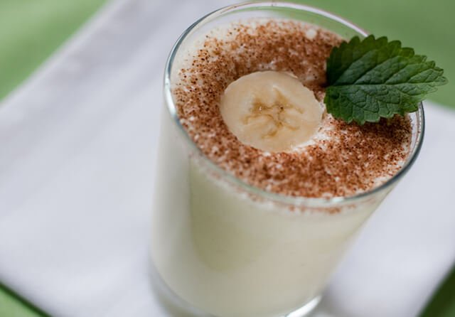 Cacao and mint top a banana smoothie