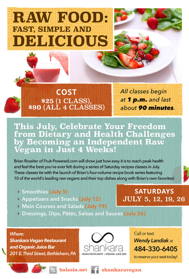 Flier for July 2014 recipe classes at Shankara