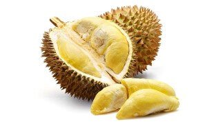 Durian opened with "meal" exposed against a white background