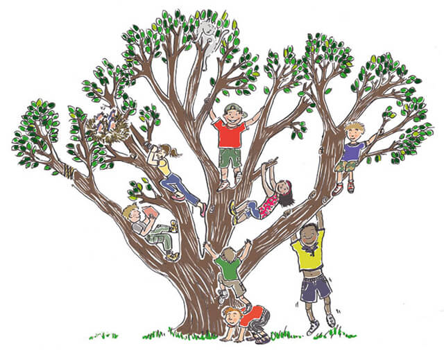 A drawing of kids climbing a tree