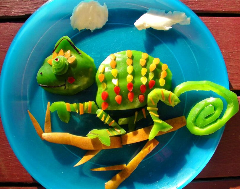 Fruit art by Anne Osborne - chameleon formed from food - Fruit-Powered