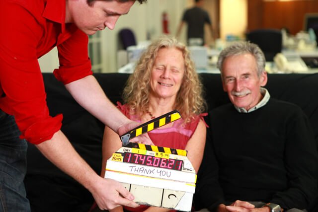 Janette Murray-Wakelin and Alan Murray being interviewed for a documentary
