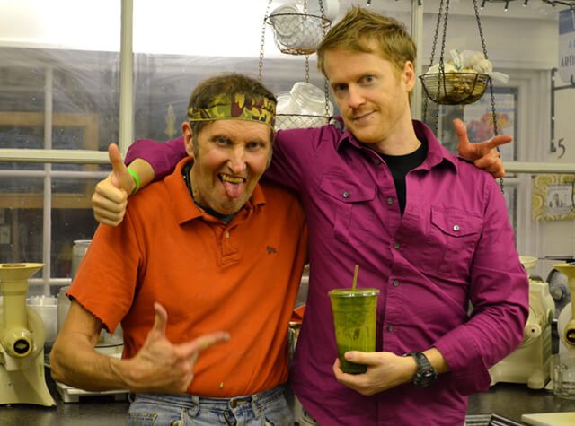 Timothy Radley poses with Arnold Kauffman at the January 18, 2014, potluck at Arnold's Way