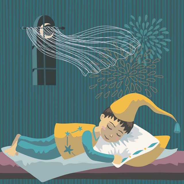 Sleeping boy in long nightcap with a window open