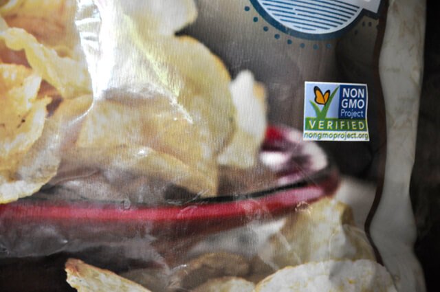 Non-GMO label on a bag of potato chips