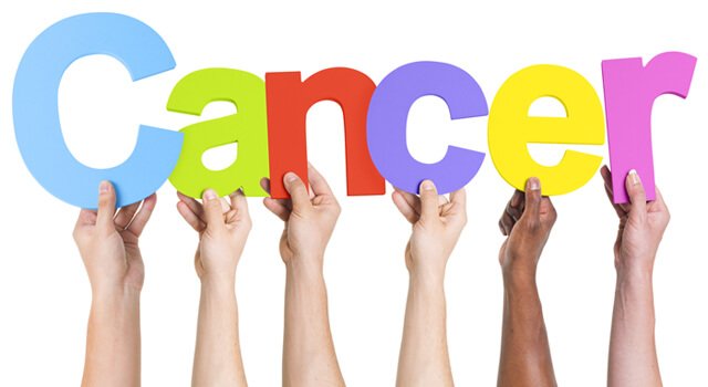 Diverse hands hold up letters to spell the word "cancer"