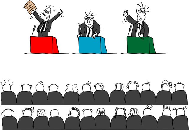 Three men lecture to a crowd