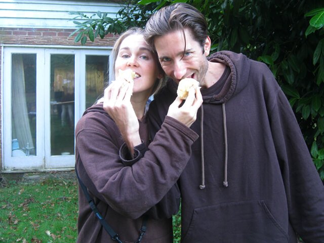 Reny Kattel and Jesse Bogdanovich eat in a playful manner