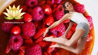 Reny Kattel leaps with raspberries in the background