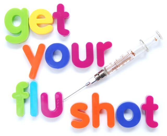 The words "Get your flu shot" in colored block letters