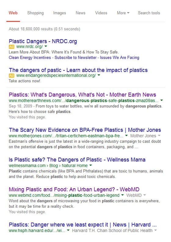 Screenshot of a Google search for "plastic dangers"