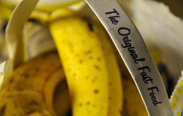 A bag with bananas saying "The Original Fast Food"
