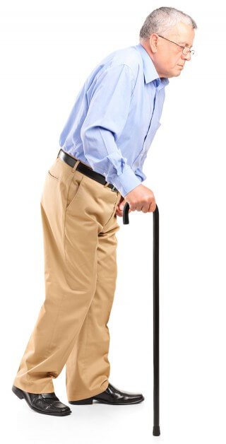 Old man walking with cane on a white background