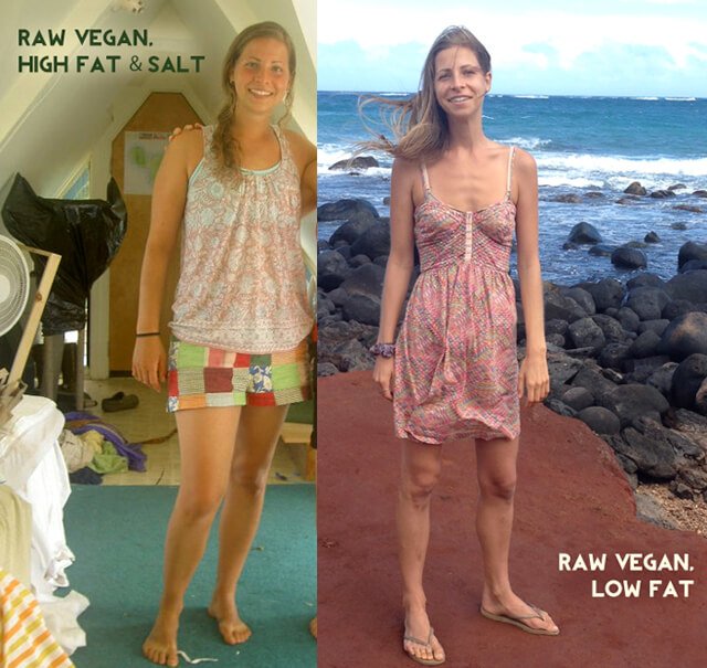 A photo comparison of Kat Green on a high-fat and -salt raw food diet and a low-fat raw food diet