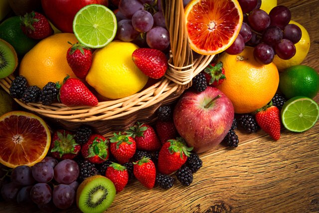 Mix of fresh fruits in a wicker bascket