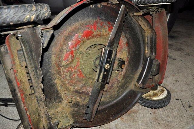 Rotary push lawnmower upside-down