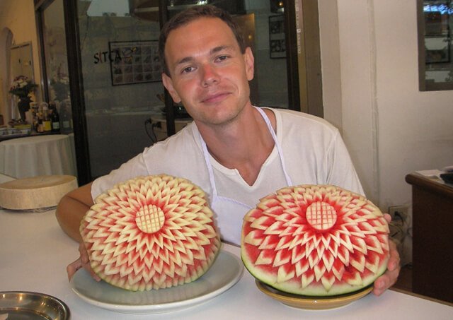 Petr Cech sits behind carved watermelons at a course in Koh Samui in 2008