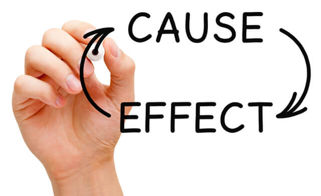 Hand writing "cause" and "effect" concept with black marker on transparent wipe board