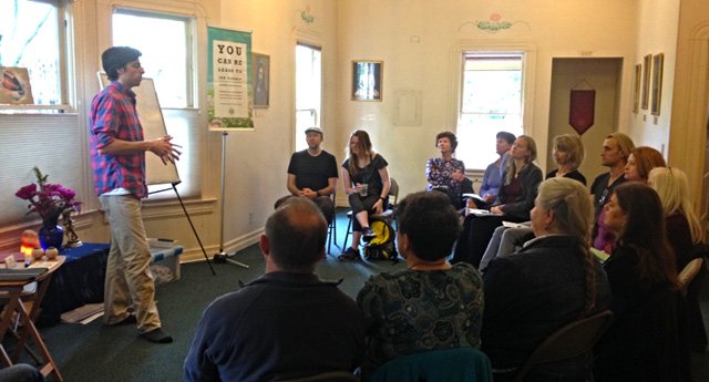 Nathan Oxenfeld delivers a presentation on The Naked Eye Book Tour in Portland, Oregon