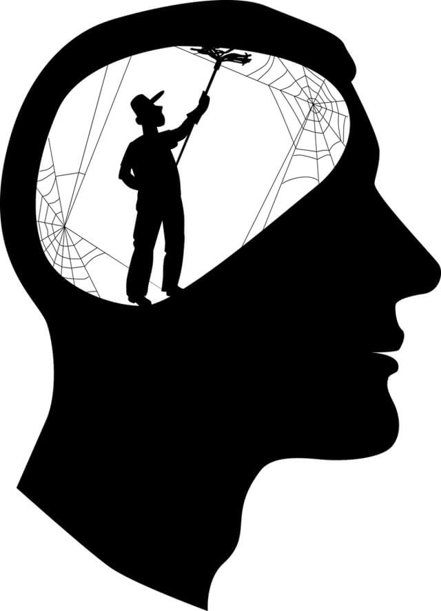 Illustration of a man cleaning out the cobwebs in a mind