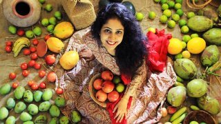 Rupinder Kaur and her fruit collection photographed from above