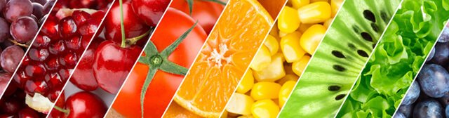 A collage of colorful fruits and lettuce