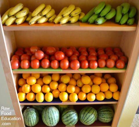 A produce haul, stacked on shelves, by Rick and Karin Dina