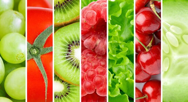 Fruits and vegetables arranged in vertical strips