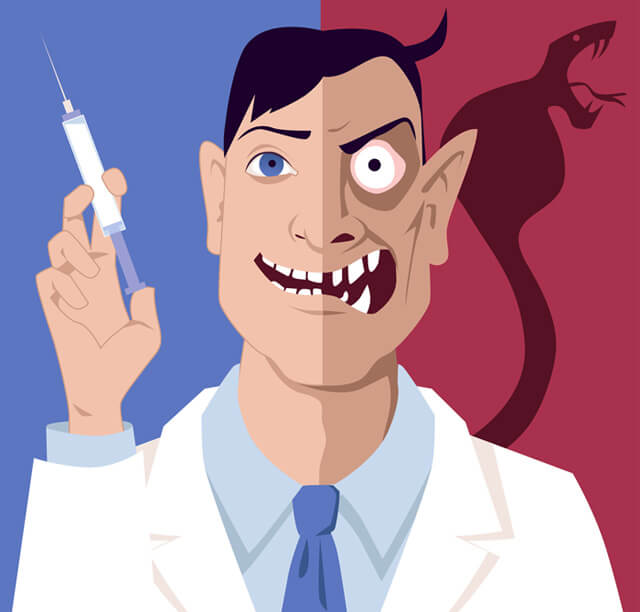 Illustration of a scary-looking doctor holding a vaccination needle