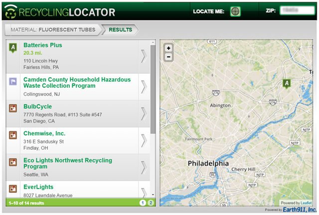 Recycling locator for fluorescent lights on Earth911.com