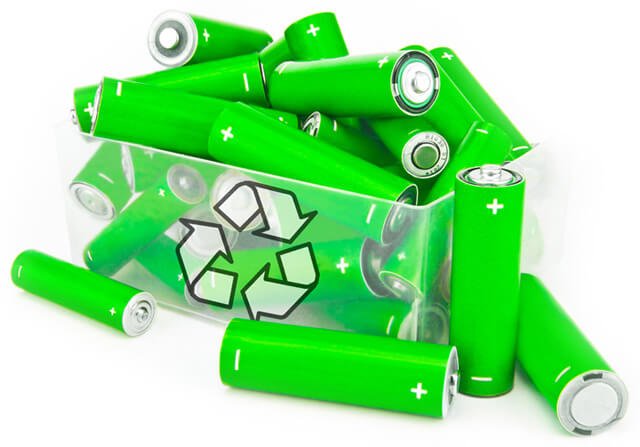 Bright green batteries overflow from a recycling container