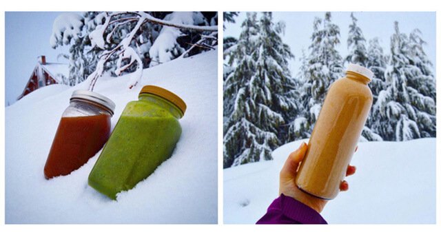 Tarah Millen's smoothies and juices are photographed in the snow