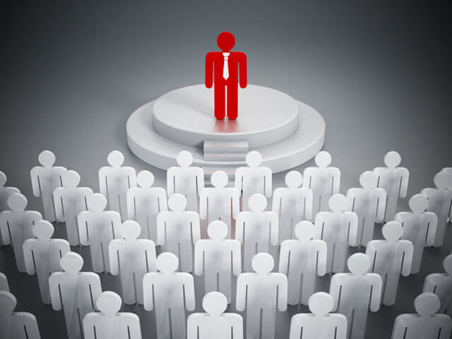 Illustration of a red person speaking in front of a crowd