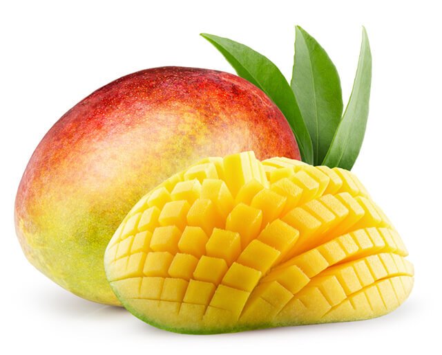 Adjacent to a whole one, a mango is sliced into cubes