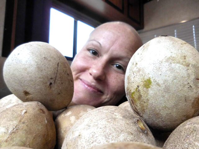 Tasha Lee amid a stack of fruits
