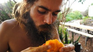 Mikkel Gisle Johnsen eats a mango in La Palma