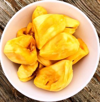 Jackfruit pieces in a white bowl