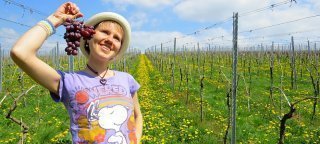 Eva Straub dangles grapes while posing in a field