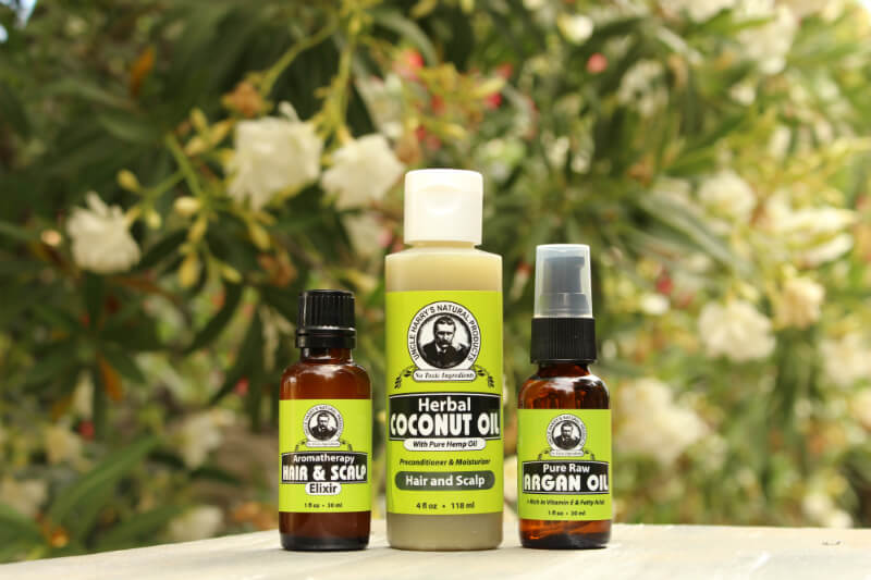 Uncle Harry's Natural Products items for hair care photographed in outside