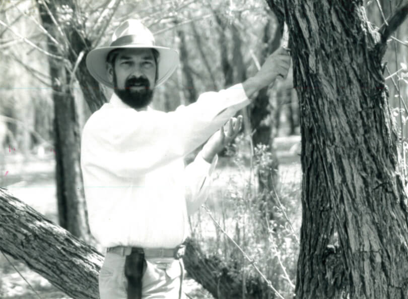 David Christopher beside a tree, obtaining healing herbs for healing