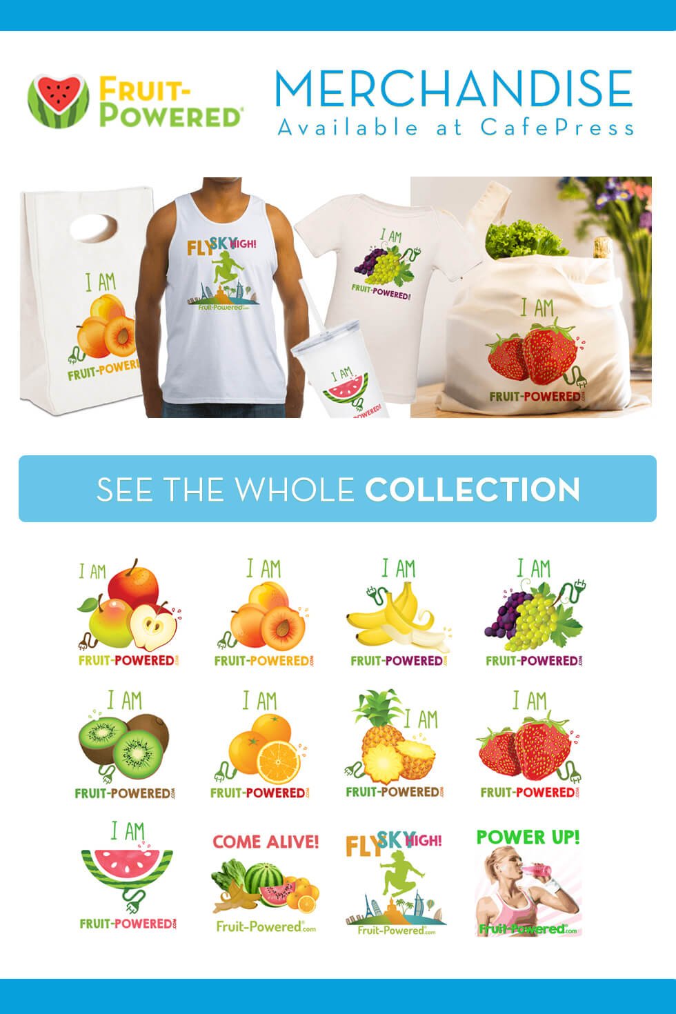 Raw vegan products and raw vegan T-shirts - Fruit-Powered merchandise collage - Fruitarian Store