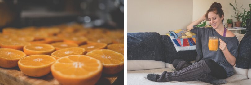 Physical fitness - oranges closeup - Tarah Millen enjoying orange smoothie - Fruit-Powered